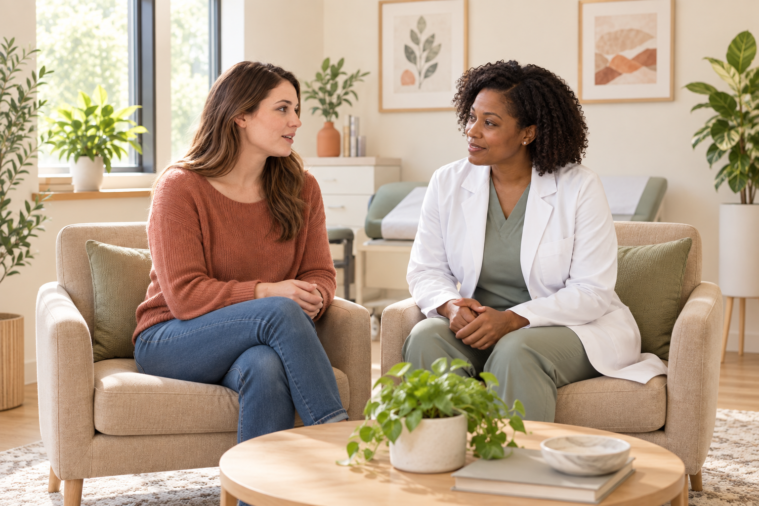 A patient and clinician discussing birth control in a private consultation.