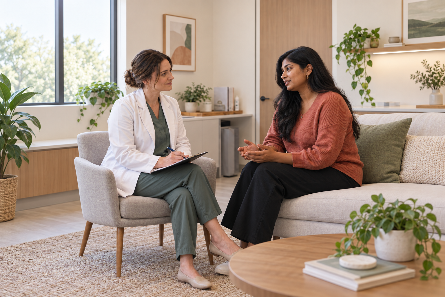 A patient and clinician talking in a comfortable consultation room.
