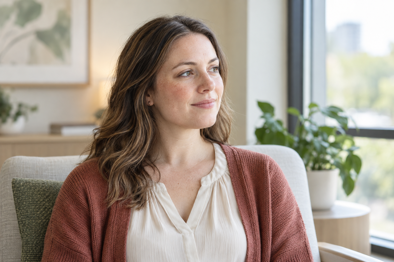 A woman in a calm, light-filled clinic setting.