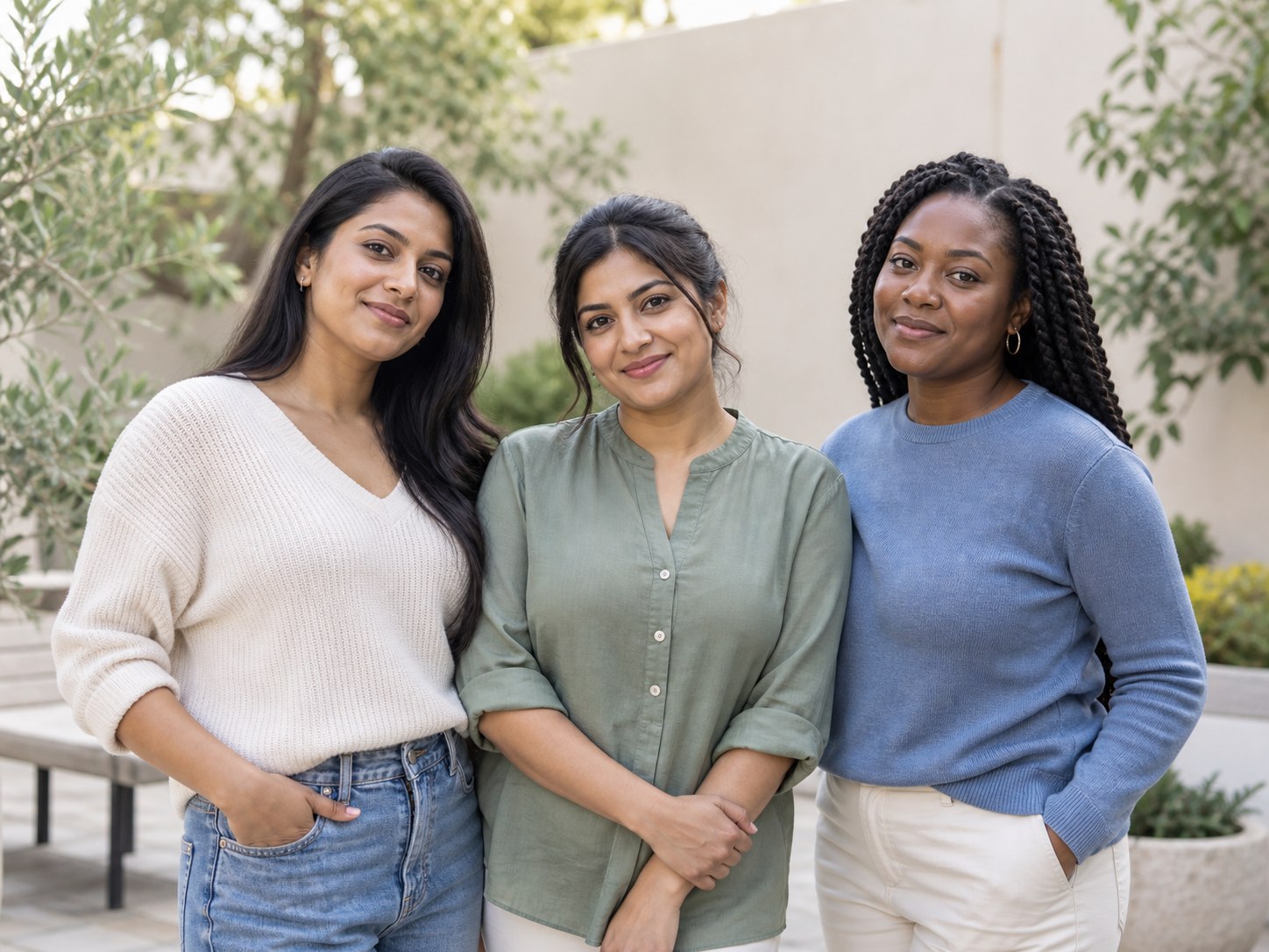 Three women standing together in a bright, peaceful courtyard.